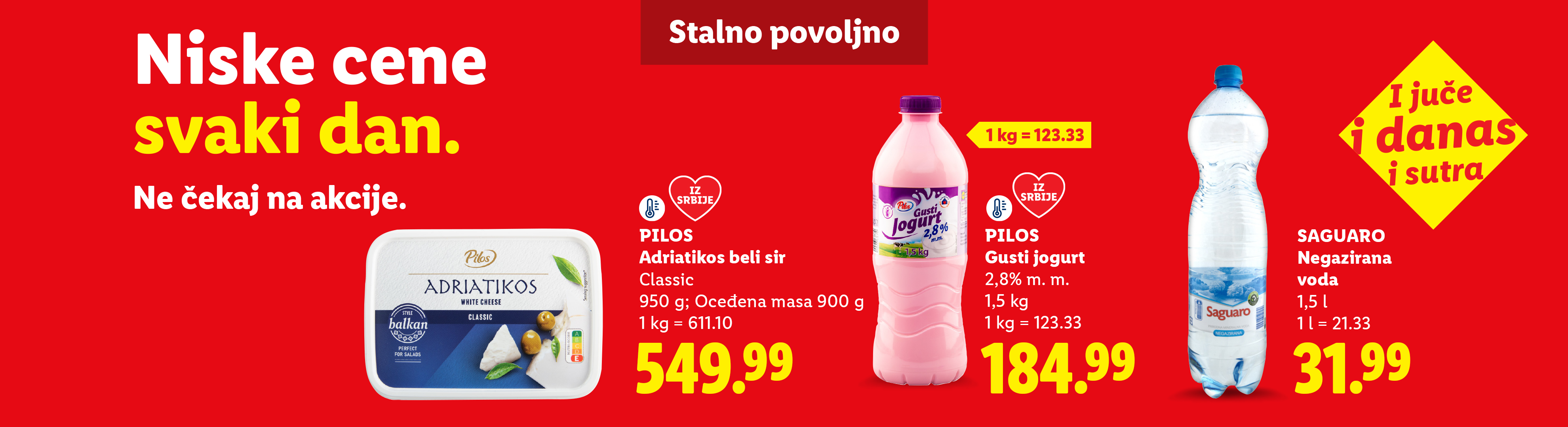 Reklama za mlečne proizvode i vodu sa sloganima o niskim cenama.
