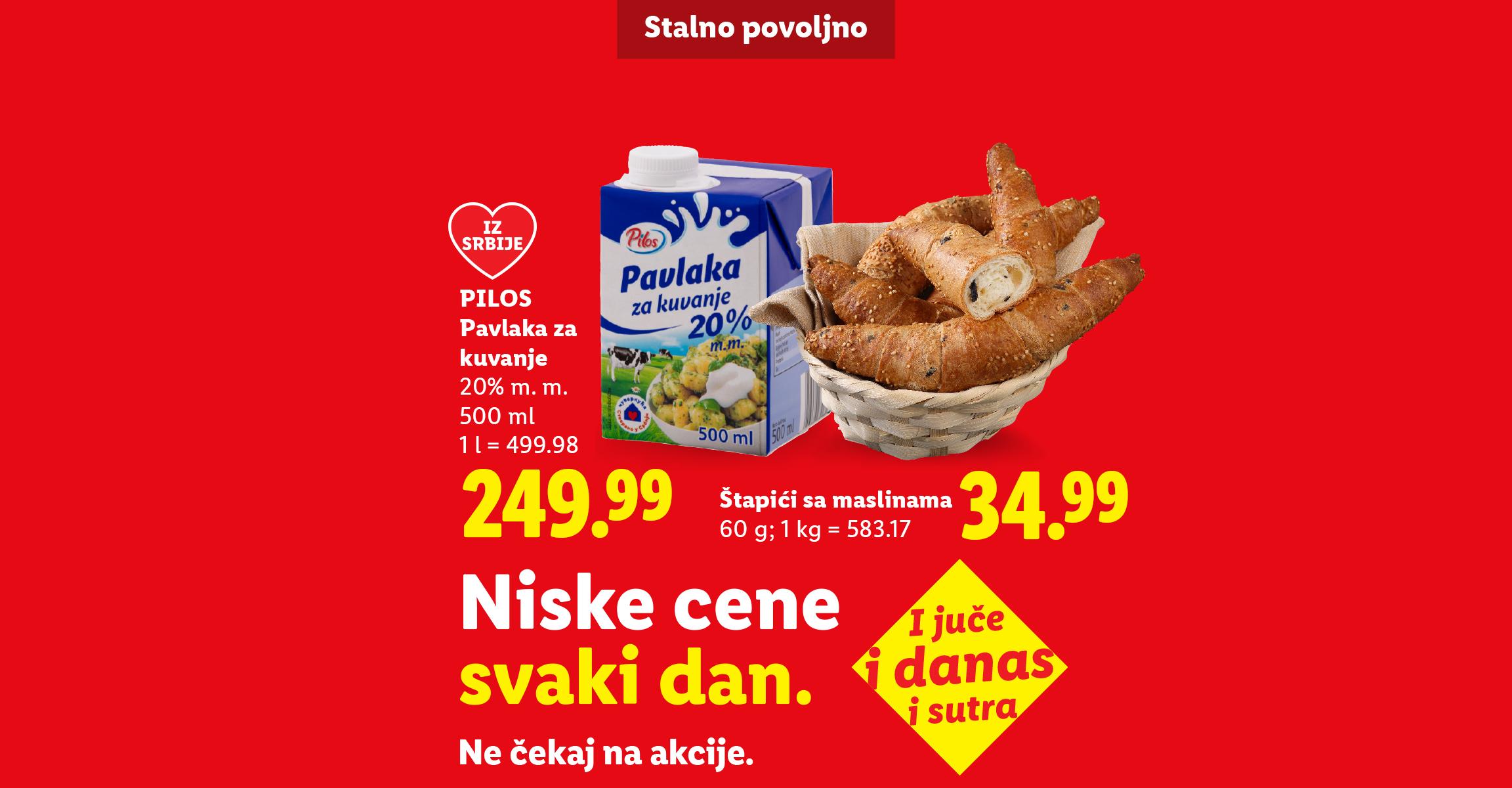 Reklama za mlečne proizvode i peciva sa natpisom 'Niske cene svaki dan'.