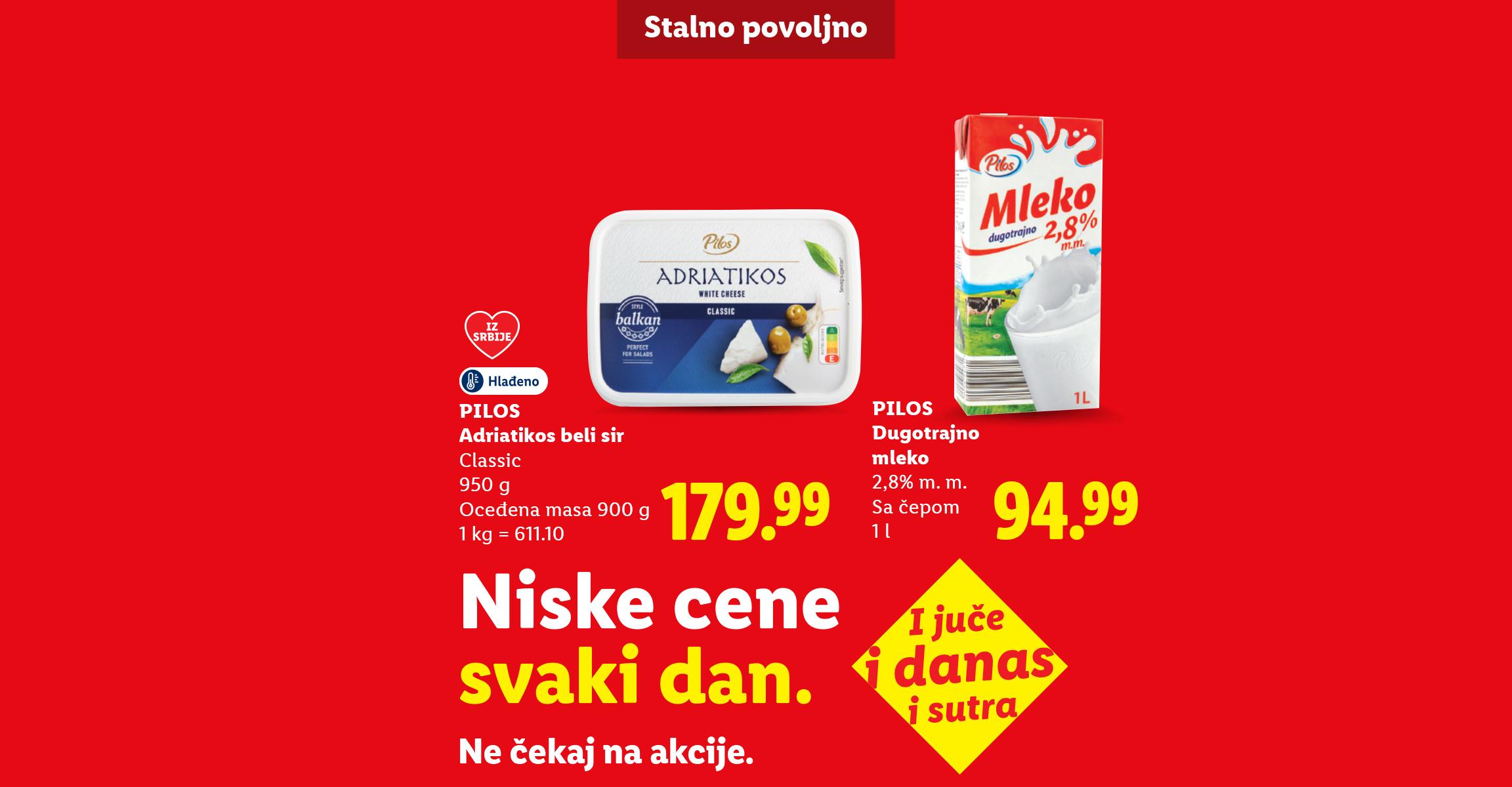 Reklama za mlečne proizvode i salatu sa niskim cenama i stalnim akcijama.
