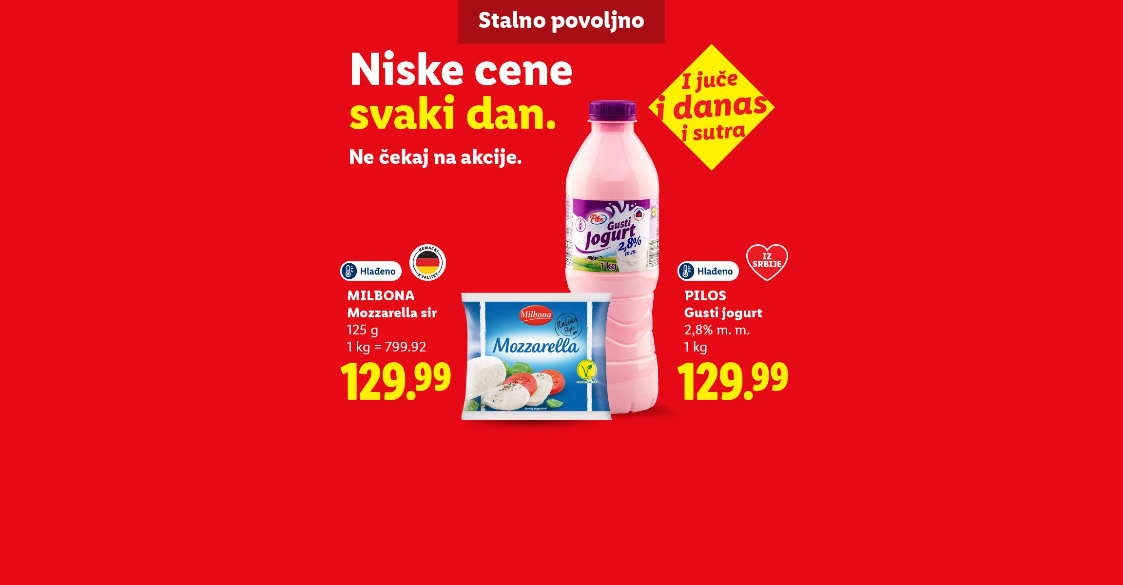 Reklama za mlečne proizvode i vodu sa tekstom „Niske cene svaki dan. Ne čekaj na akcije.“