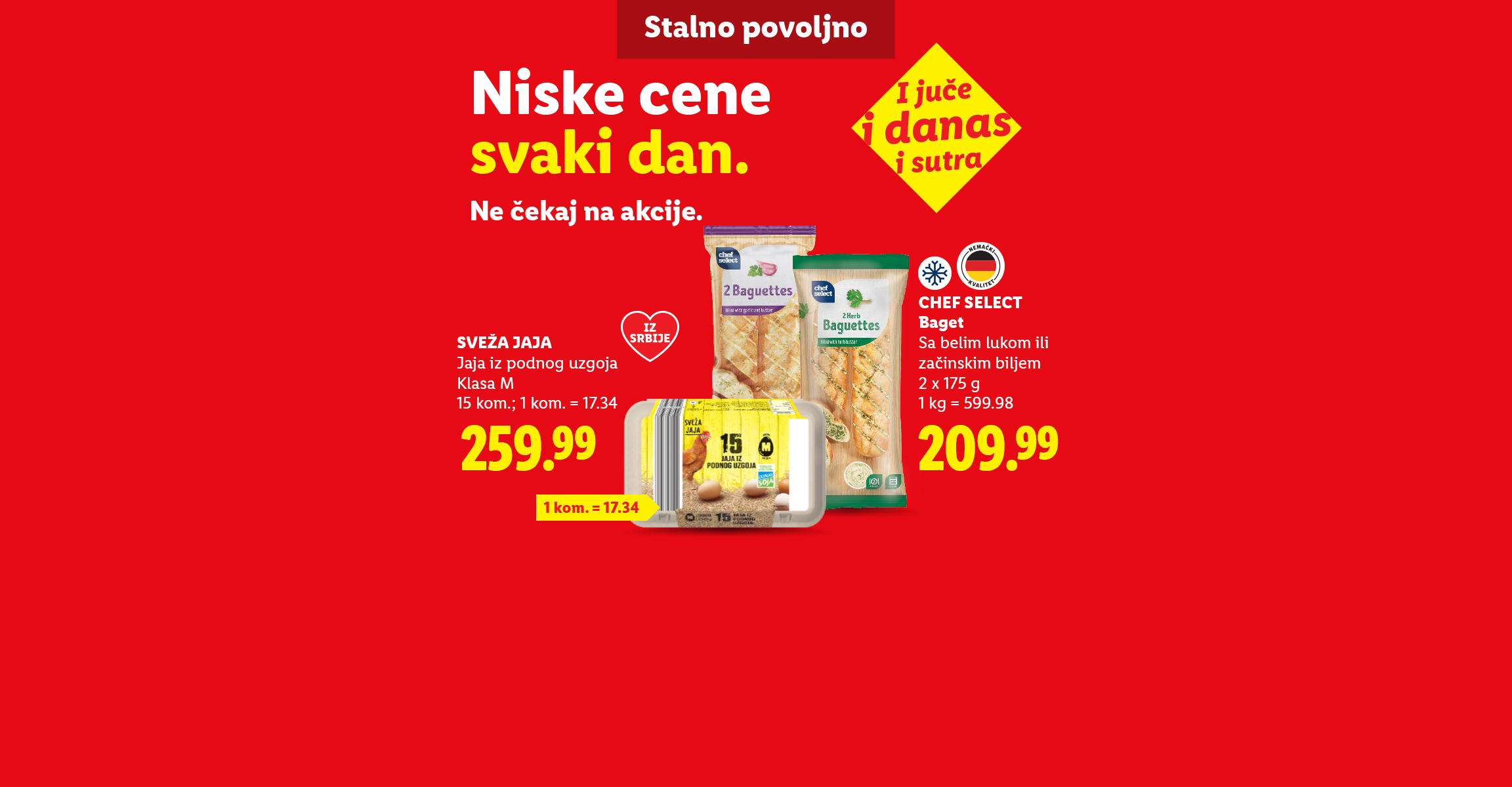 Ponuda prehrambenih proizvoda po niskim cenama, uključujući jaja, bagete i jogurt.
