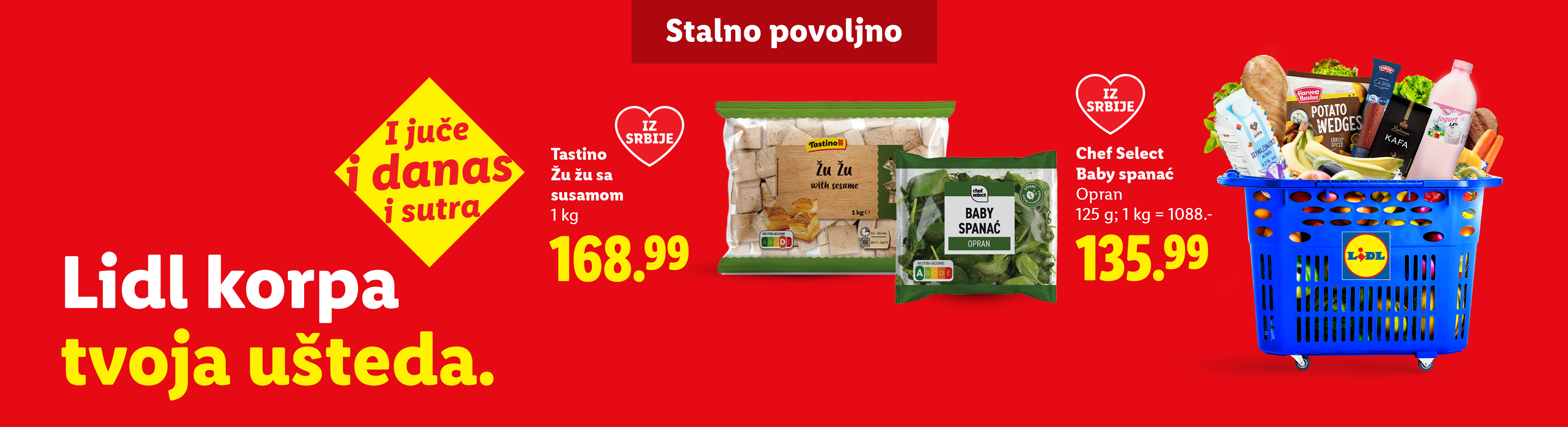 Lidl korpa sa namirnicama, uključujući žu-žu sa susamom i bebi spanać, sa cenama i natpisom 'Stalno povoljno'.