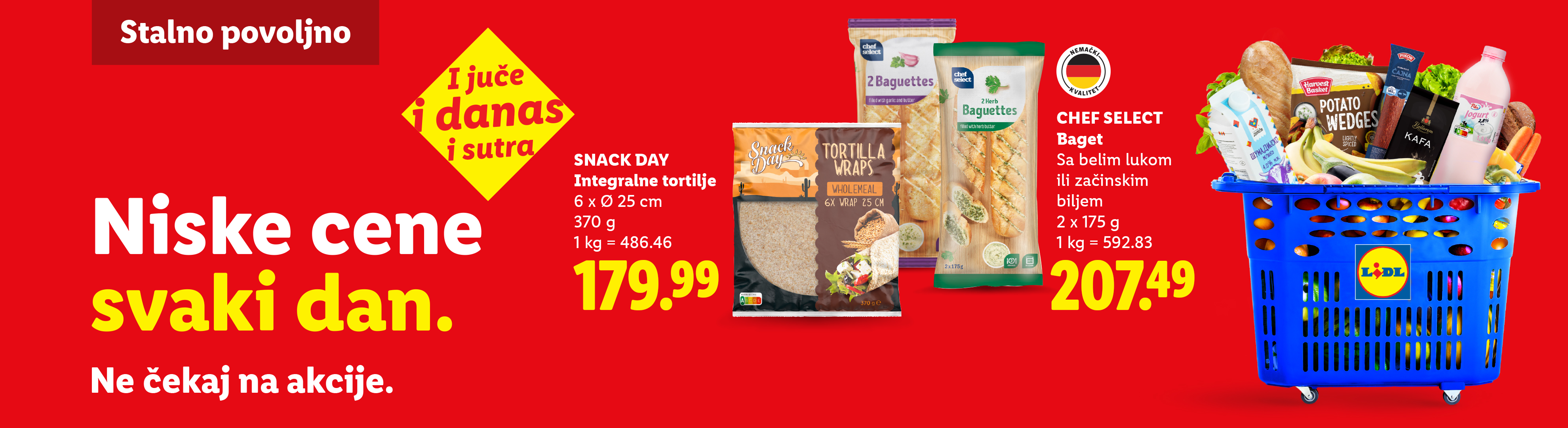 Reklama za tortilje i bagete sa belim lukom ili začinskim biljem, sa korpom punom namirnica.