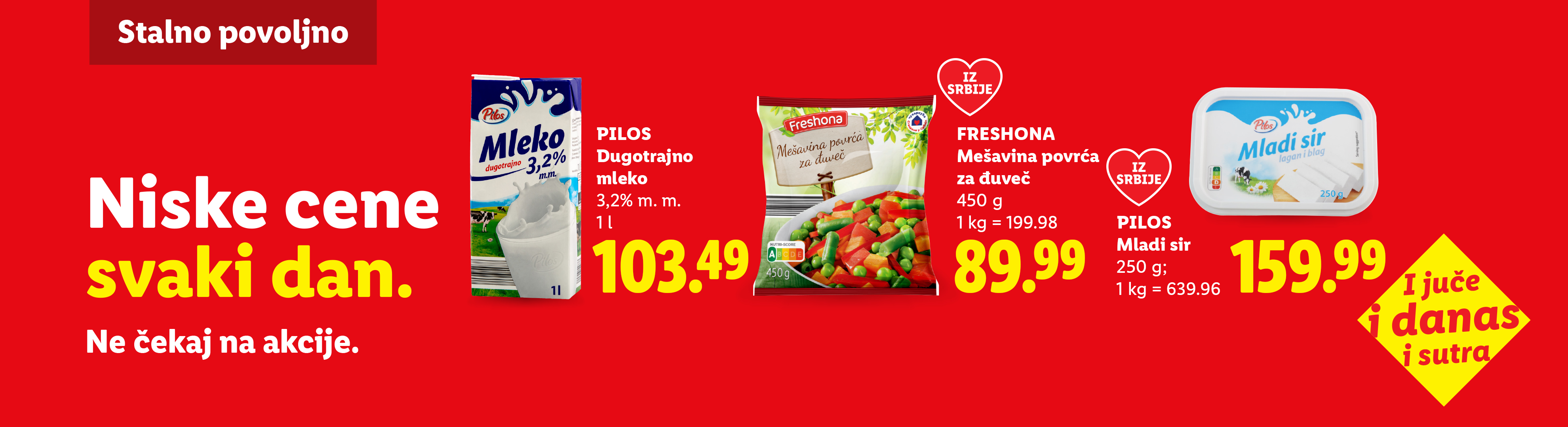 Reklama za mleko, mešavinu povrća i mladi sir sa niskim cenama svakog dana.