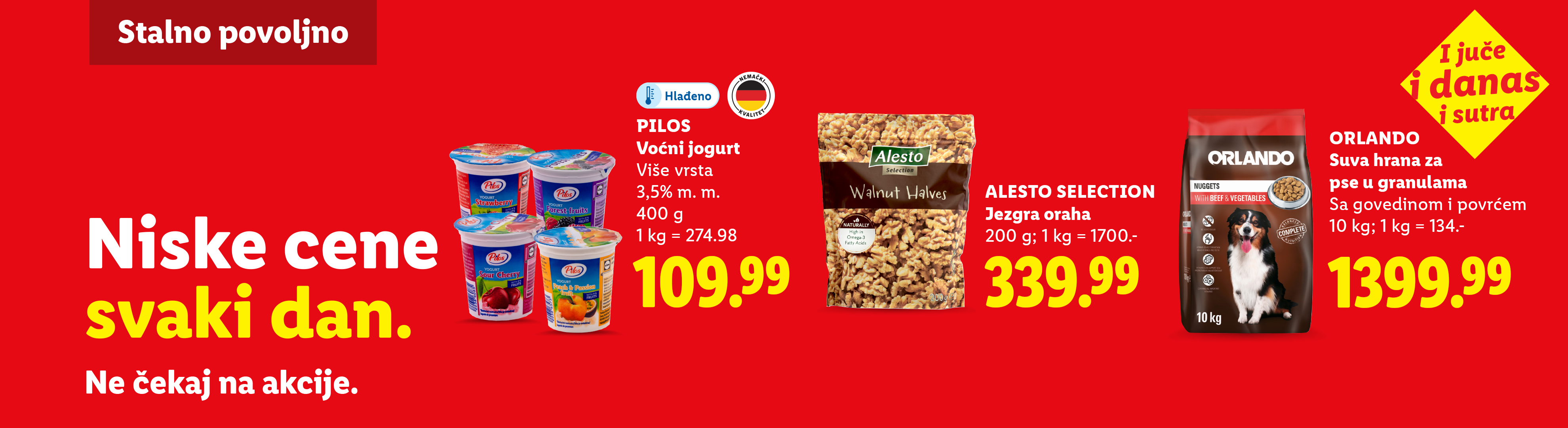 Reklama za jogurt, orahe i hranu za pse sa istaknutim niskim cenama.