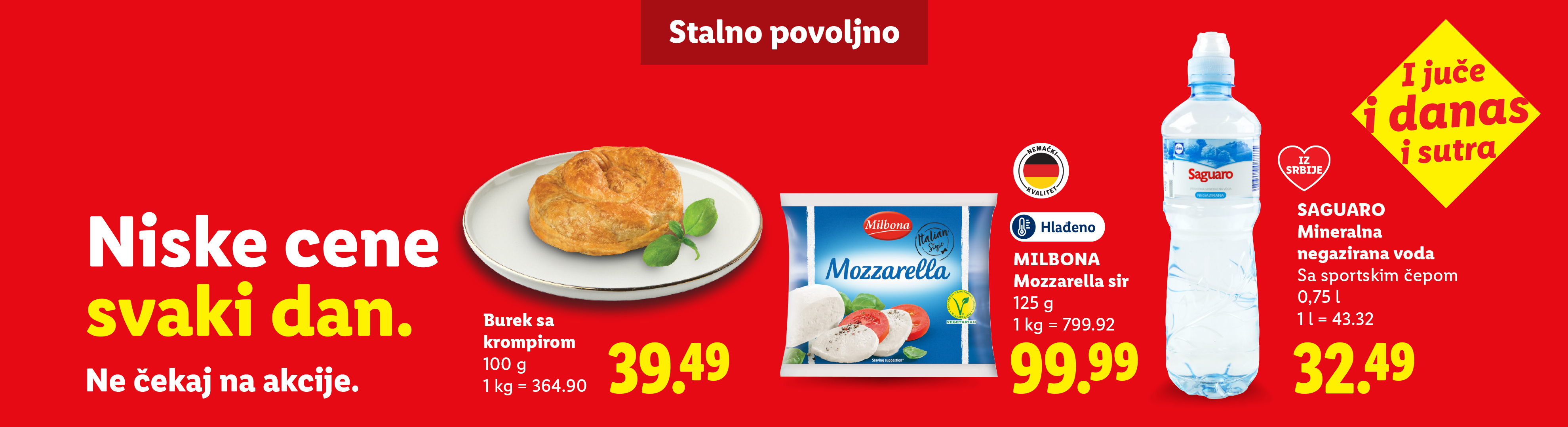 Reklama za burek, mocarelu i negaziranu vodu sa porukom 'Niske cene svaki dan'.