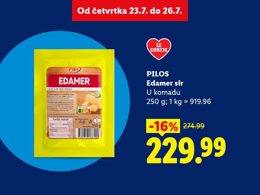 Pakovanje edamer sira u komadu, sa cenom od 229.99 dinara, sniženo za 16%.