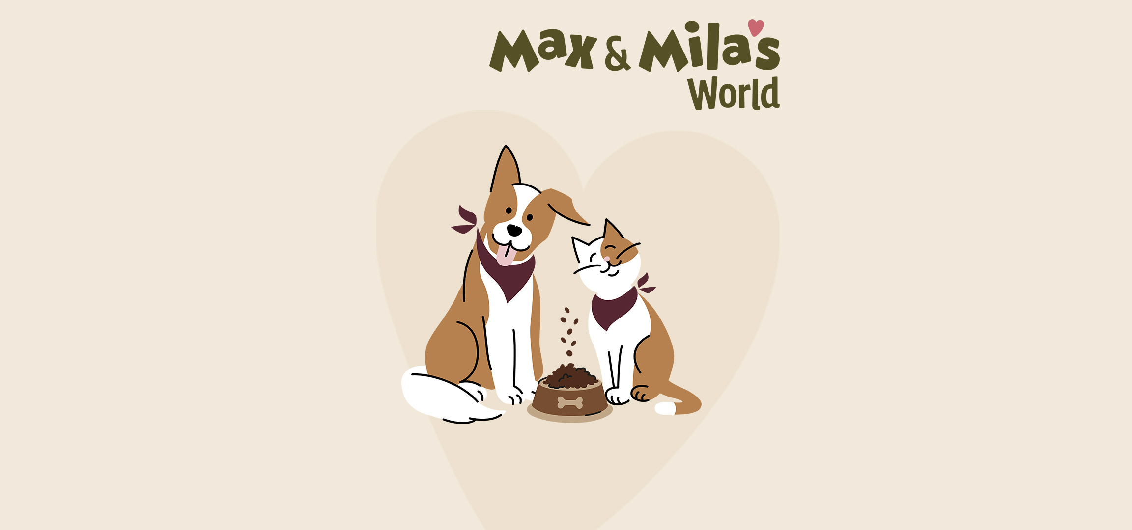 Ilustracija psa i mačke pored činije sa hranom, sa natpisom Max & Mila's World.