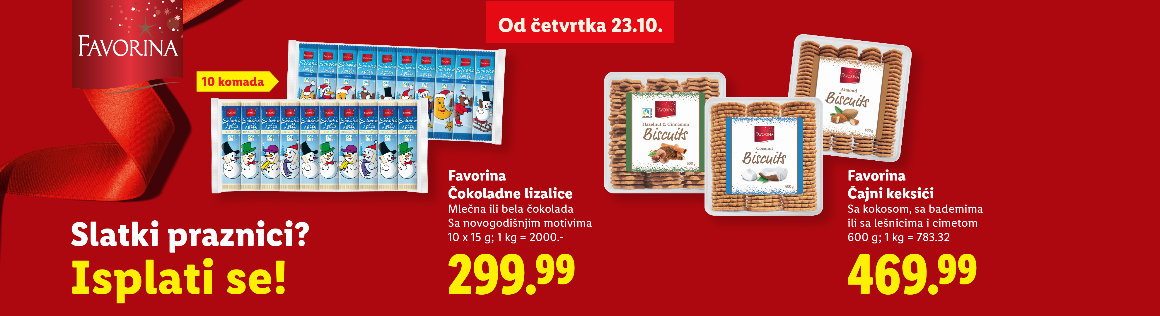 Favorina čokoladne lizalice i čajni keksići u prazničnom pakovanju.