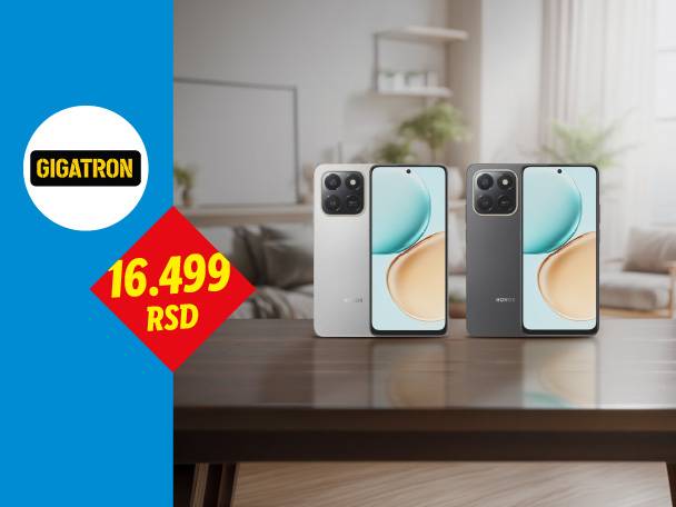 Dva pametna telefona na drvenom stolu sa cenom od 16.499 RSD.