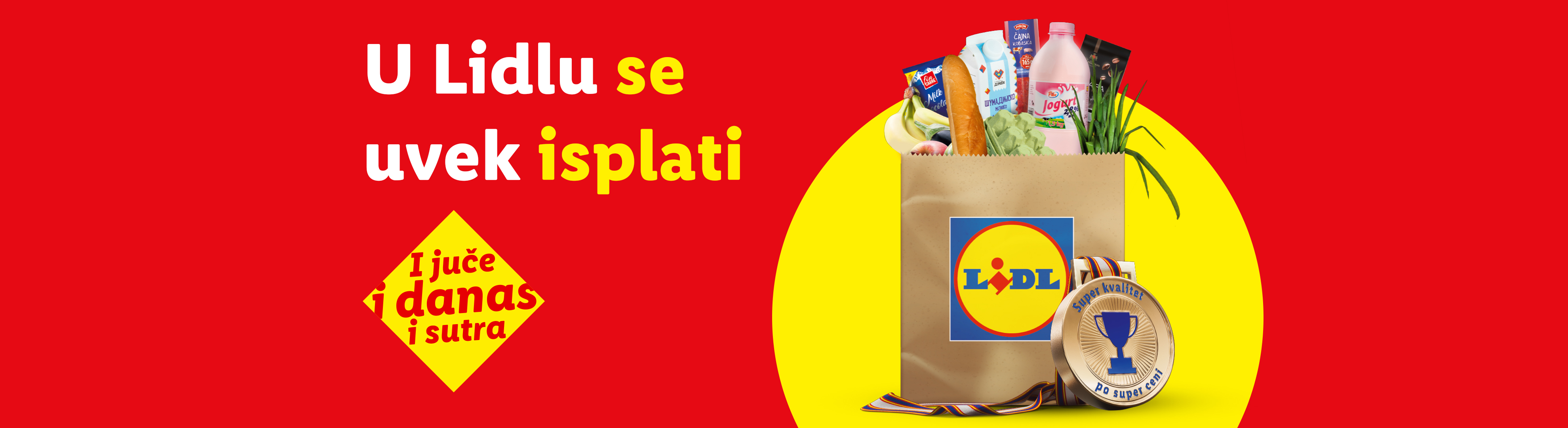 Lidl reklamni poster sa namirnicama u kesi i tekstom „U Lidlu se uvek isplati“.