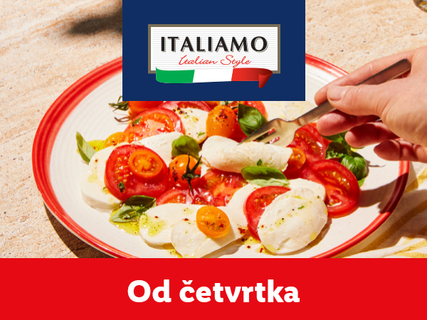 Italijanska salata sa mocarelom, paradajzom i bosiljkom, sa logom „Italiamo“.