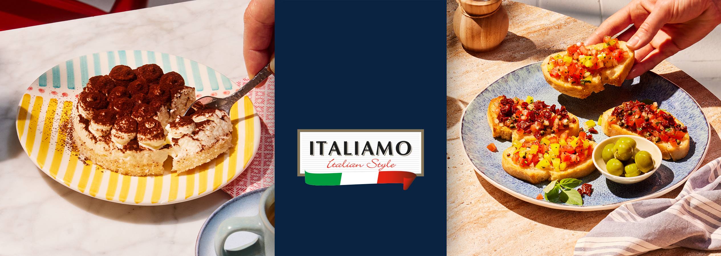 Tiramisu i bruskete sa paradajzom i maslinama, sa logom „Italiamo Italian Style“.