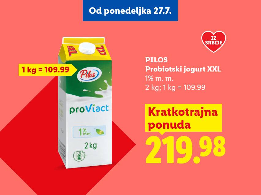 Reklama za probiotski jogurt od 2 kg sa 1% mlečne masti, cena 219.98, od ponedeljka 27.7.
