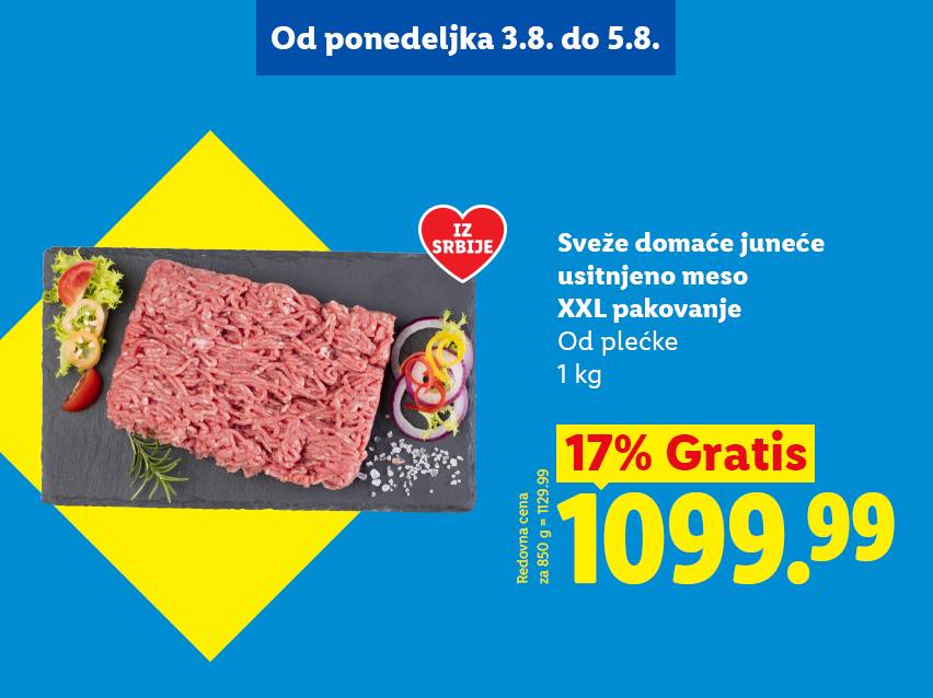 Sveže domaće juneće usitnjeno meso, XXL pakovanje od plećke, 1 kg, 17% gratis, 1099.99 RSD.