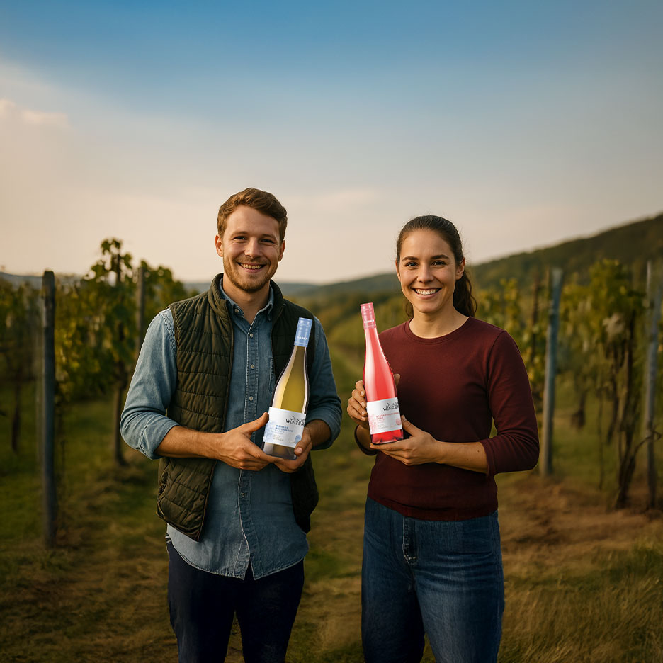 Dvoje ljudi u vinogradu drže boce belog i roze vina, nasmejani.