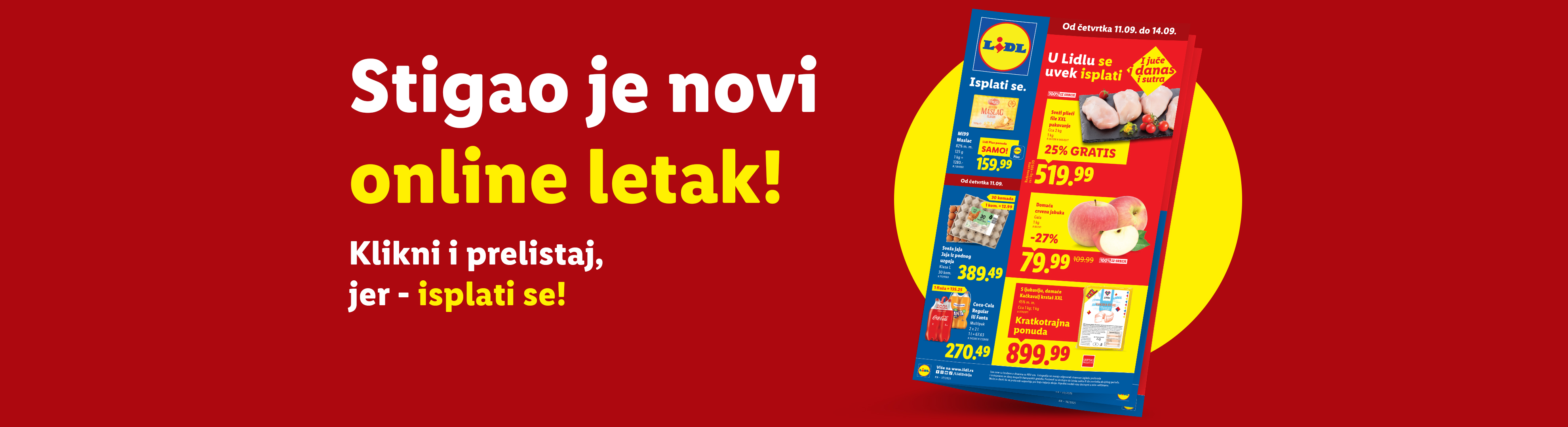 Lidl letak sa ponudama za piletinu, jaja, jabuke, maslac, Coca-Colu i kačkavalj.