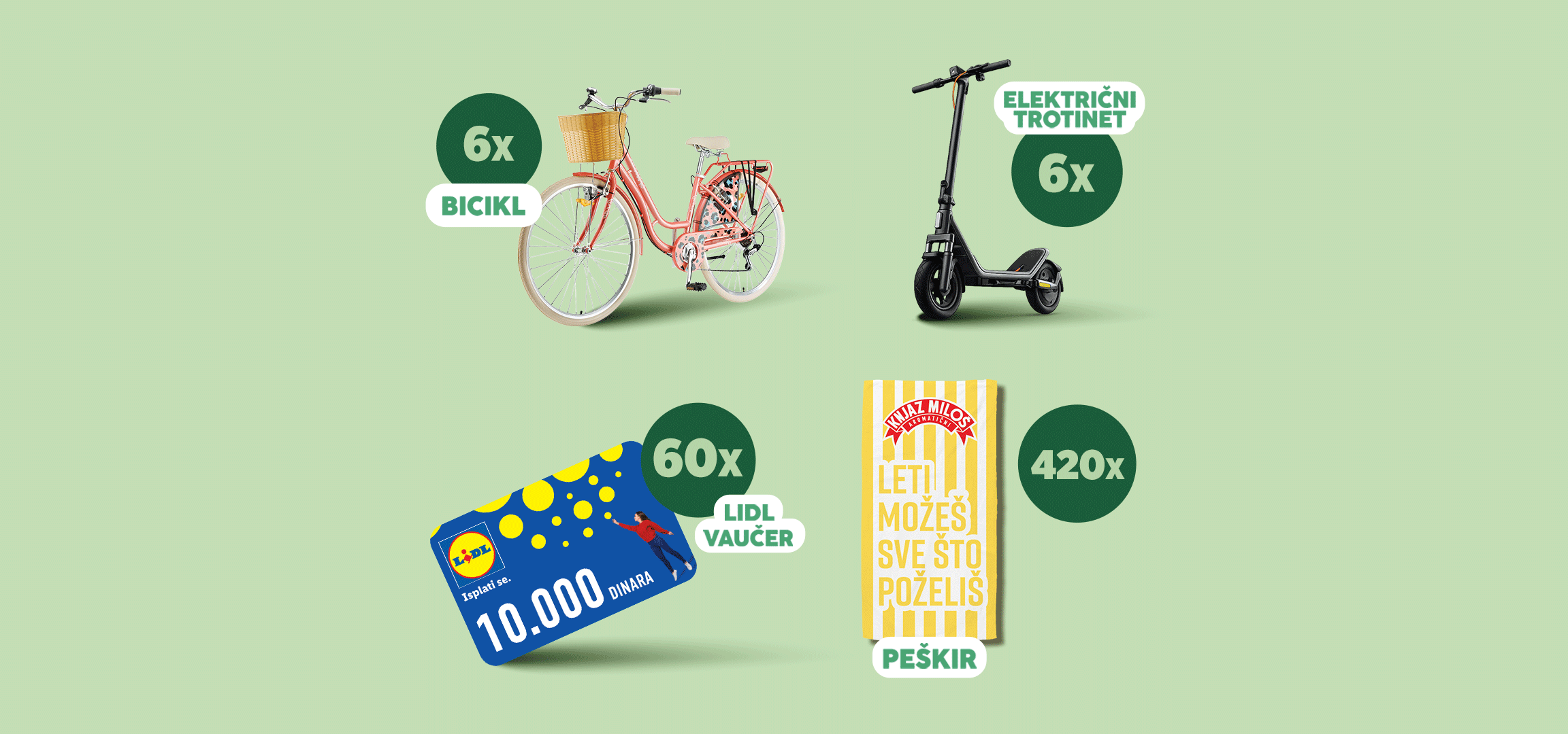 Prikaz nagrada: 6 bicikala, 6 električnih trotineta, 60 vaučera od 10.000 dinara i 420 peškira.