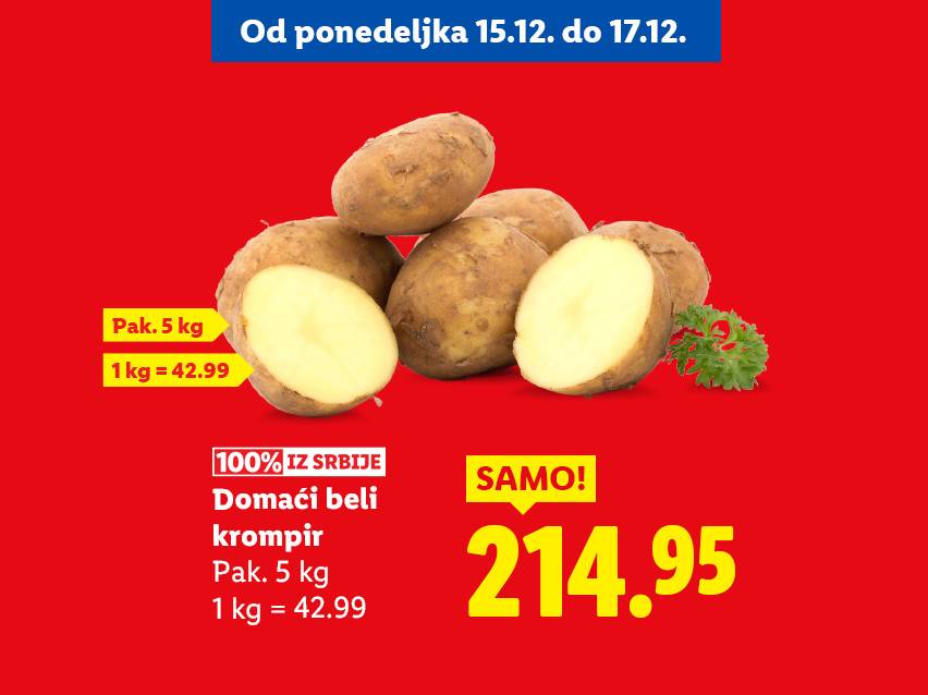 Domaći beli krompir, pakovanje 5 kg, 214.95 RSD, akcija od 15.12. do 17.12.