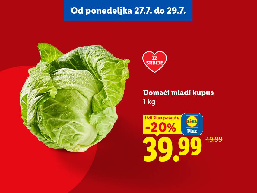 Ponuda mladog kupusa iz Srbije, 1 kg za 39.99 dinara uz Lidl Plus, sniženo sa 49.99 dinara, važi od 27. do 29. jula.