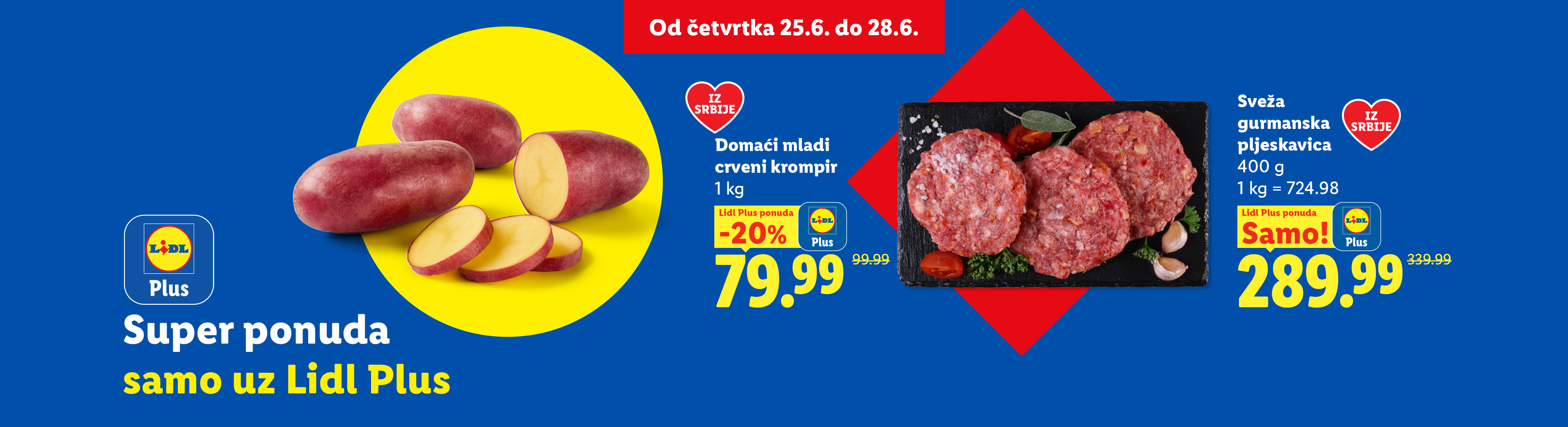 Reklama za Lidl Plus ponude sa mladim crvenim krompirom i svežom gurmanskom pljeskavicom.