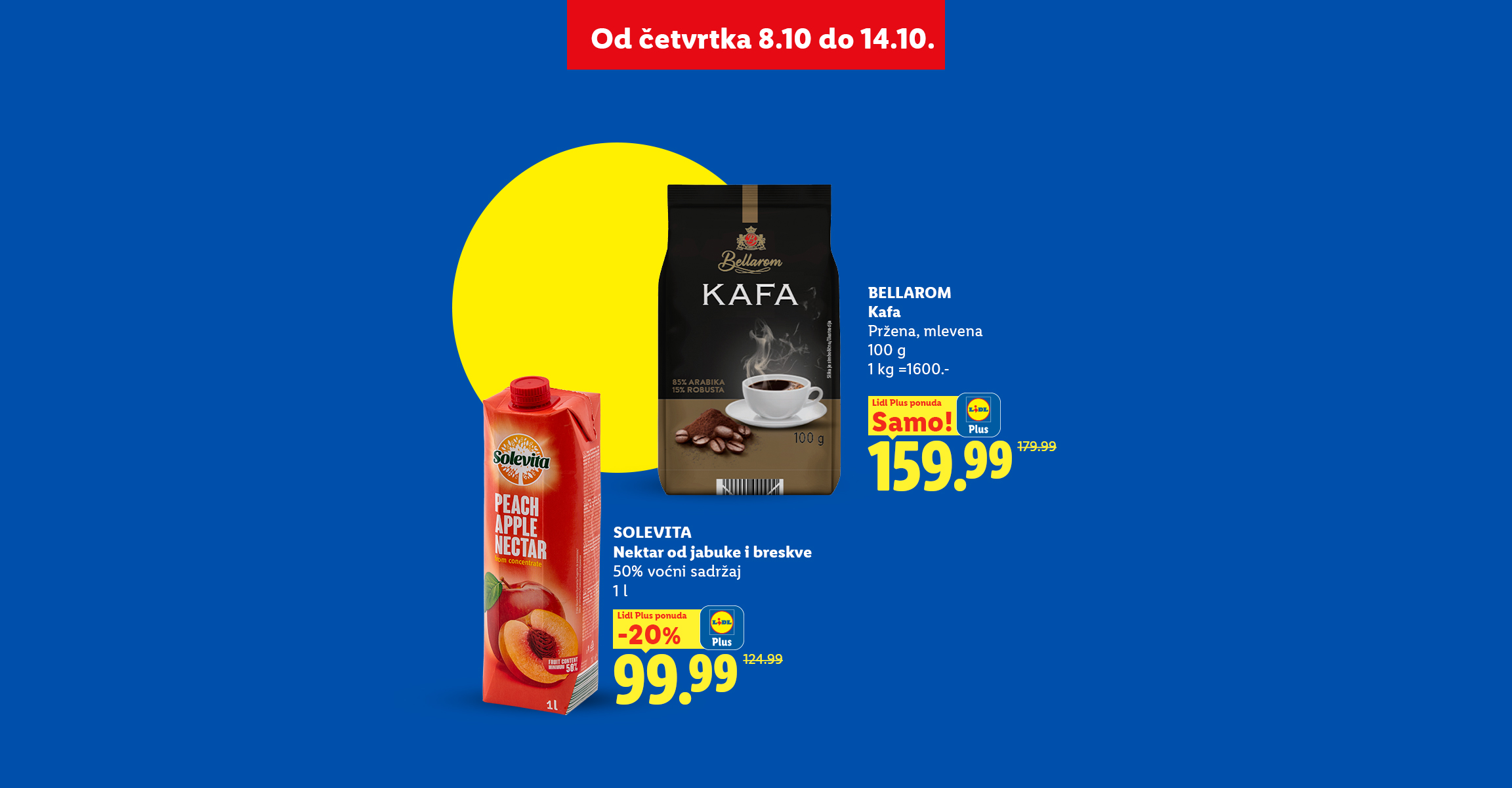 Promotivna ponuda kafe i voćnog nektara od breskve i jabuke uz popust.