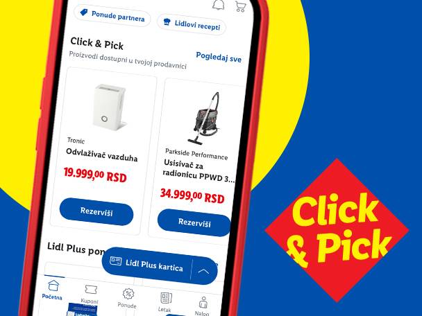 Lidl aplikacija sa ponudom odvlaživača vazduha i usisivača za radionicu, sa natpisom „Click & Pick“.