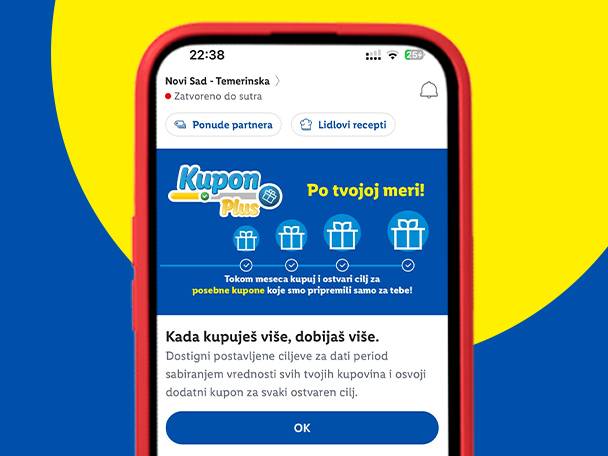 Mobilna aplikacija sa kuponima i receptima, prikazuje ponude i ciljeve kupovine.