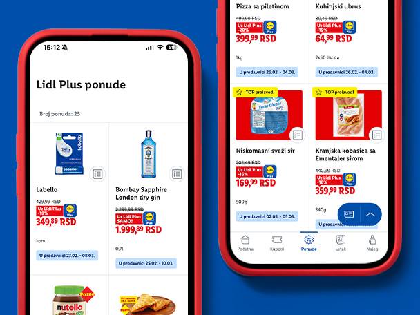 Lidl Plus ponude na mobilnom telefonu, prikazuju snižene cene za hranu, piće i kozmetiku.