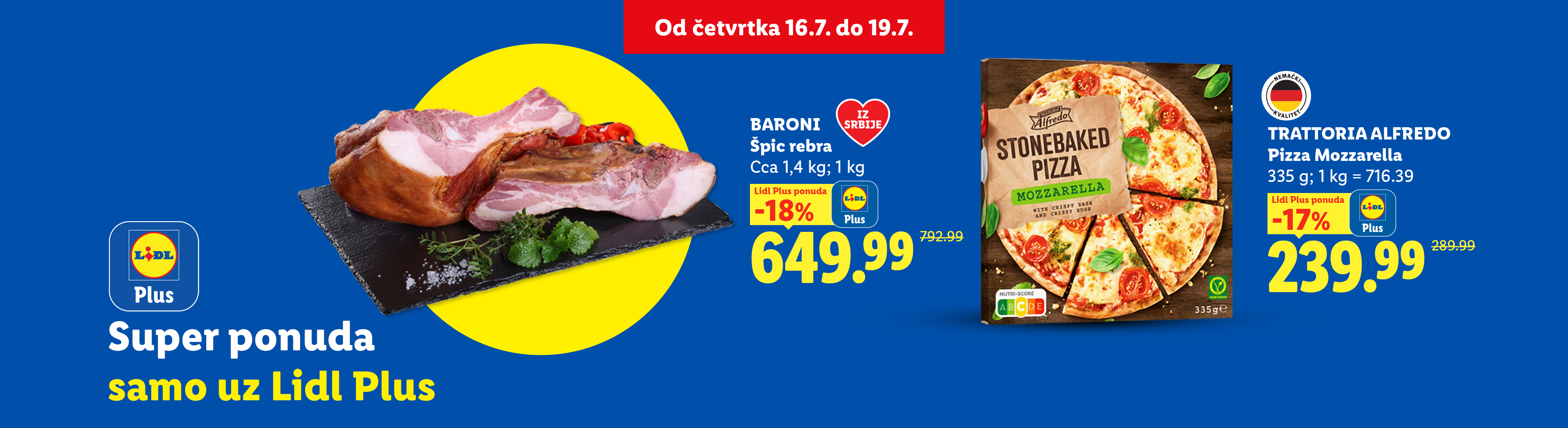 Reklama za Lidl Plus ponudu sa dimljenim rebrima i picom mocarelom, sa popustima.