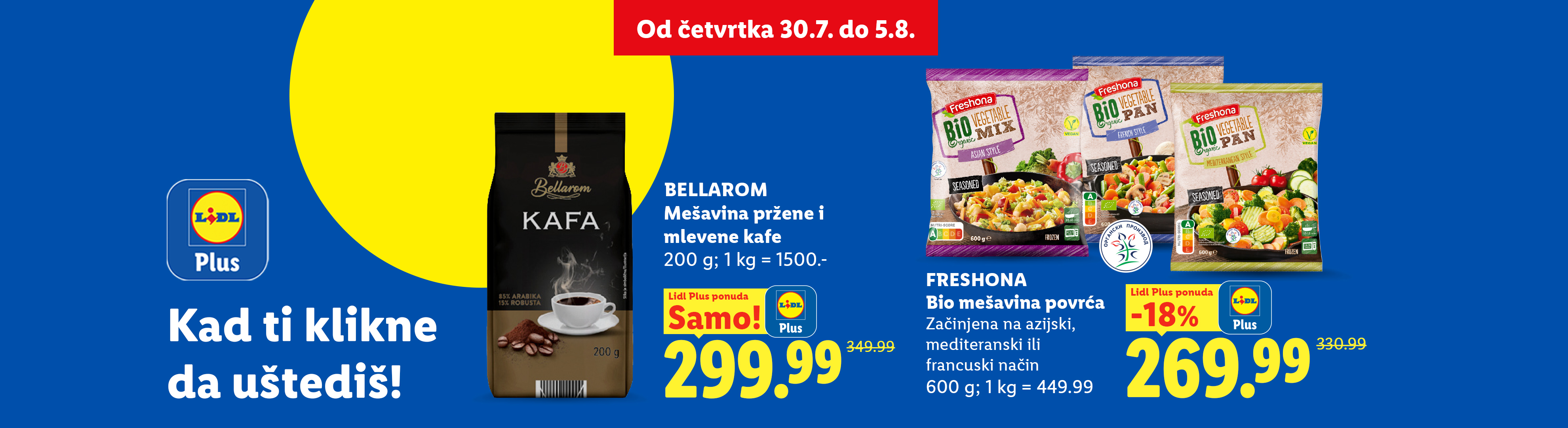 Reklama za Lidl Plus sa ponudama za mešavinu kafe i bio mešavinu povrća.
