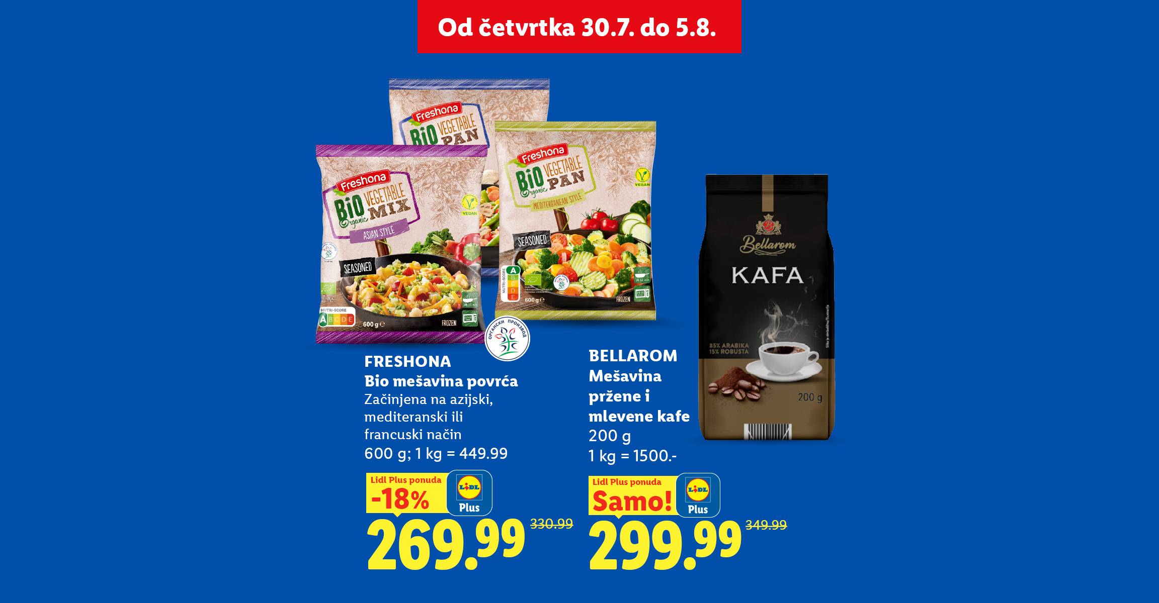 Reklama za Lidl Plus sa ponudama za mešavinu kafe i bio mešavinu povrća.