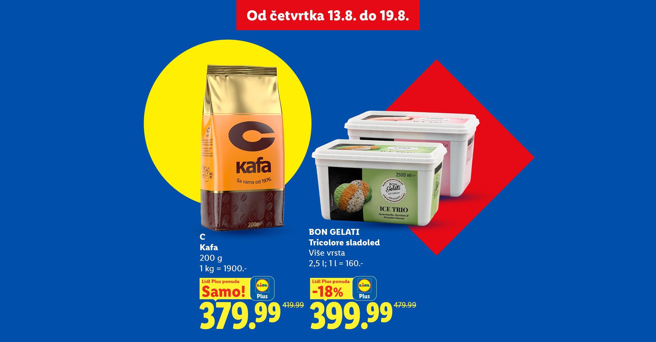 Reklama za Lidl Plus sa kafom i sladoledom, ističući popuste i ponude.