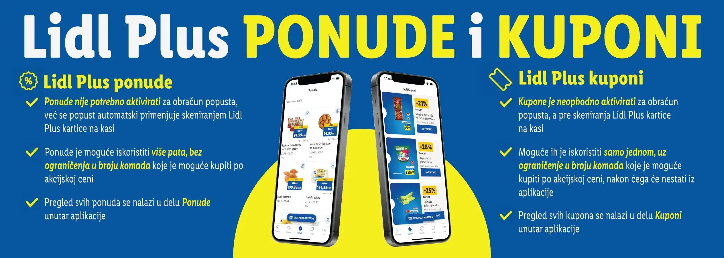 Lidl Plus ponude i kuponi sa prikazom aplikacije na mobilnim telefonima.