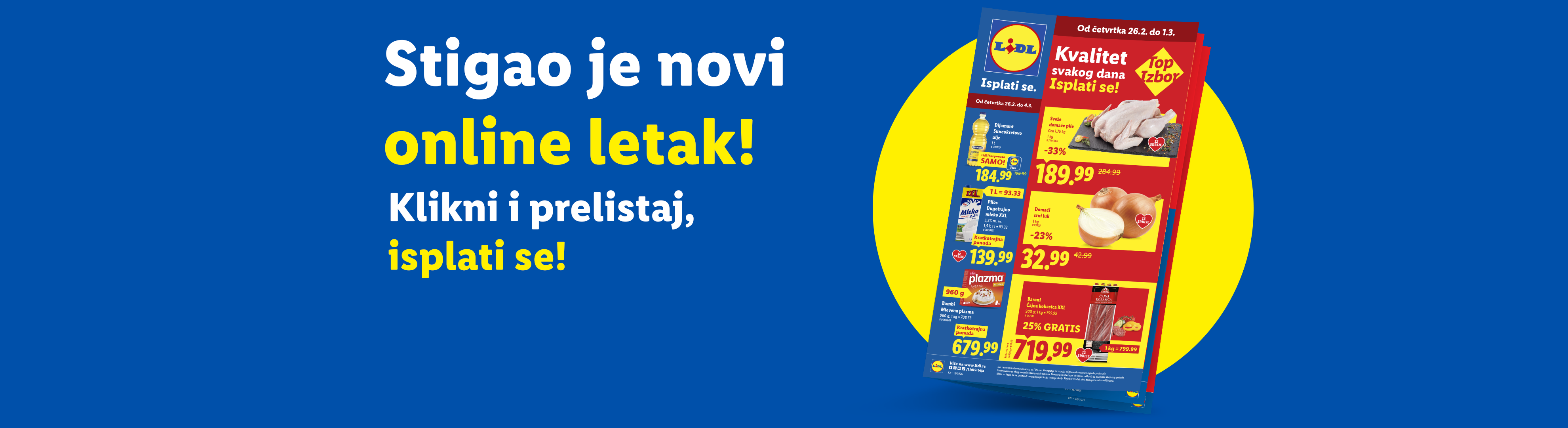 Lidl letak sa ponudama za piletinu, luk, mleko i plazma keks, uz poziv na pregled online letka.