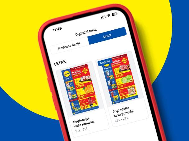 Mobilna aplikacija prikazuje digitalne letke sa ponudama mesa, voća i povrća.