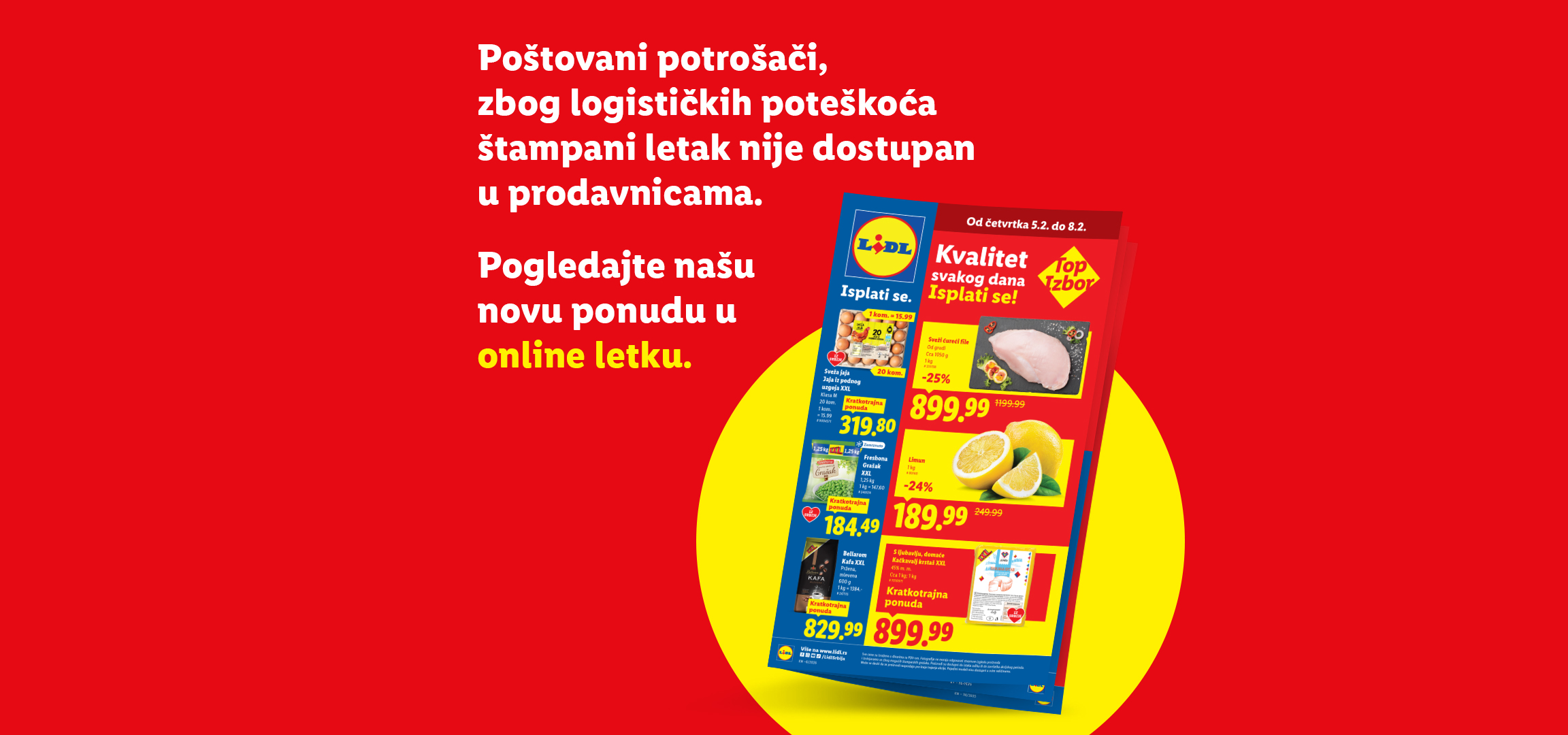 Obaveštenje o nedostupnosti štampanog letka i poziv na pregled online ponude sa jajima, mesom i kafom.