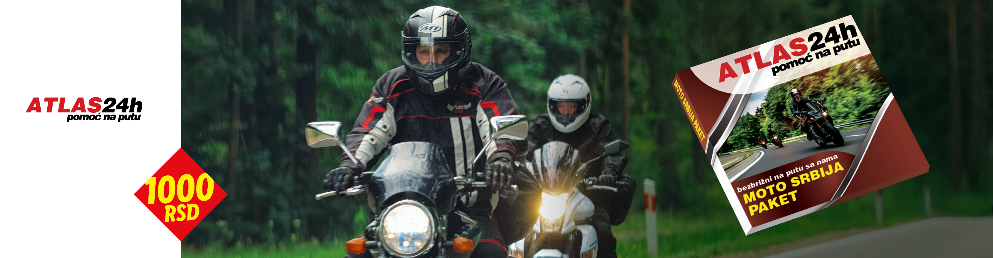 Dva motociklista na putu sa reklamom za ATLAS24h pomoć na putu i Moto Srbija paket.