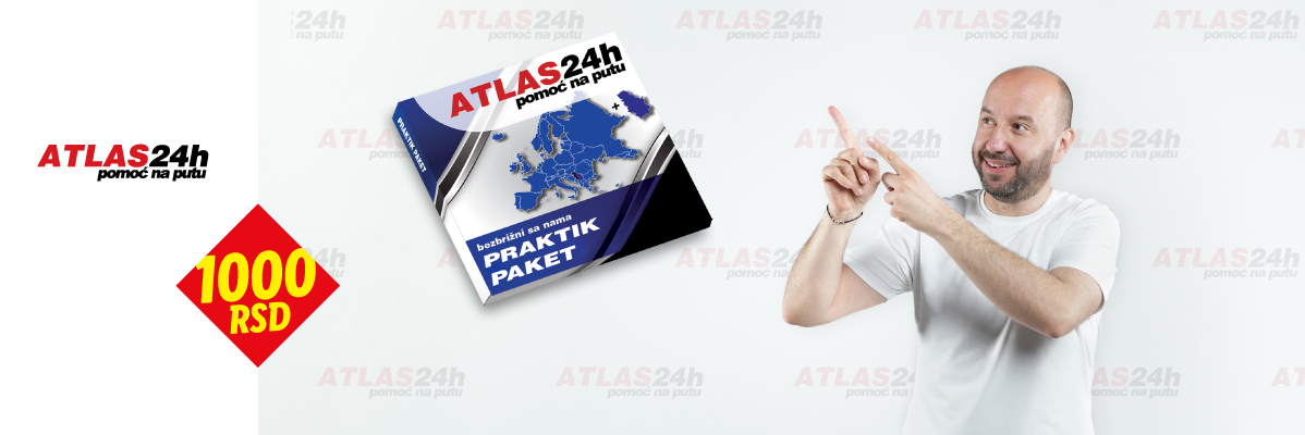 Čovek pokazuje na paket „ATLAS24h PRAKTIK PAKET“ sa mapom Evrope i cenom od 1000 RSD.