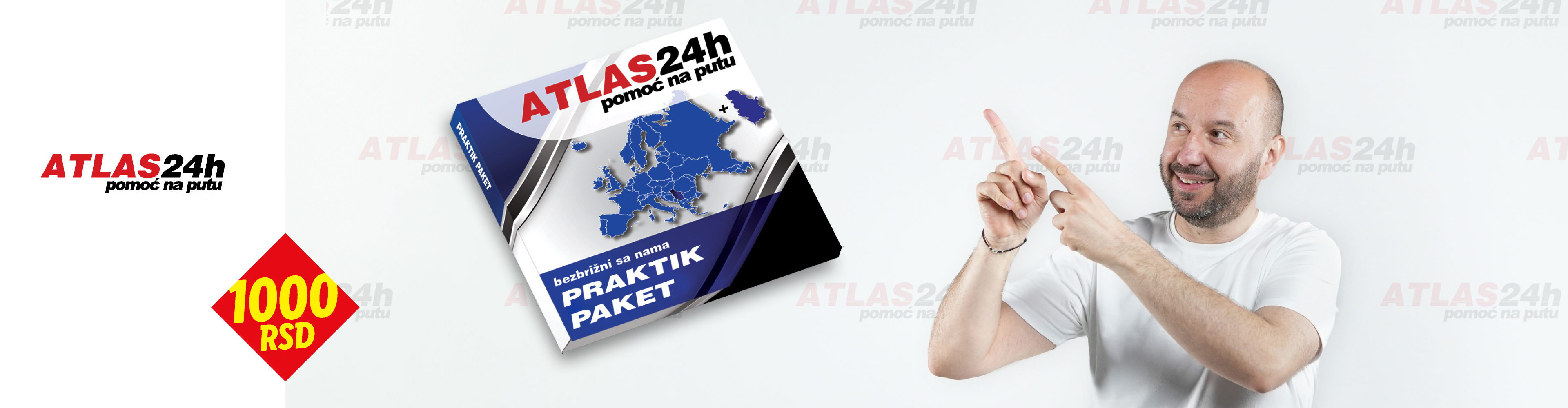 Čovek pokazuje na paket „ATLAS24h PRAKTIK PAKET“ sa mapom Evrope i cenom od 1000 RSD.