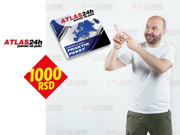 Muškarac pokazuje na paket „ATLAS24h pomoć na putu“ i cenu od 1000 RSD.