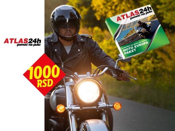 Muškarac na motociklu sa reklamom za ATLAS24h pomoć na putu i cenom od 1000 RSD.