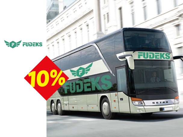 Autobus FUDEKS sa logotipom kompanije i popustom od 10%.
