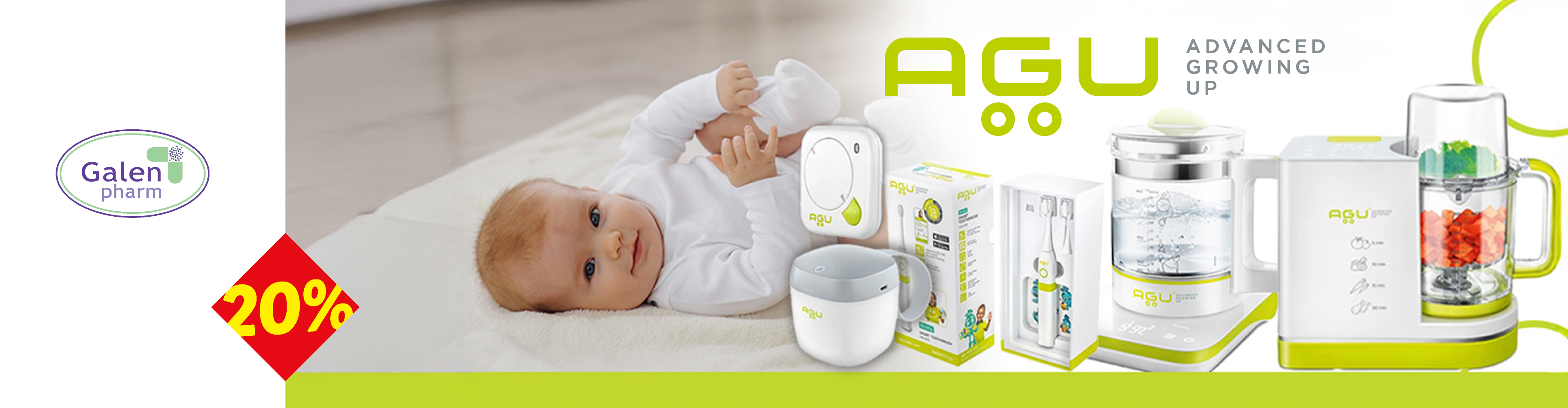 Reklama za AGU proizvode za bebe, uključujući pametnu četkicu za zube, grejač za flašice i blender.