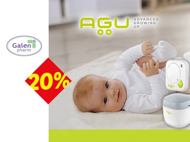 Beba leži na leđima sa AGU uređajima, uz logo Galen Pharm i popust od 20%.