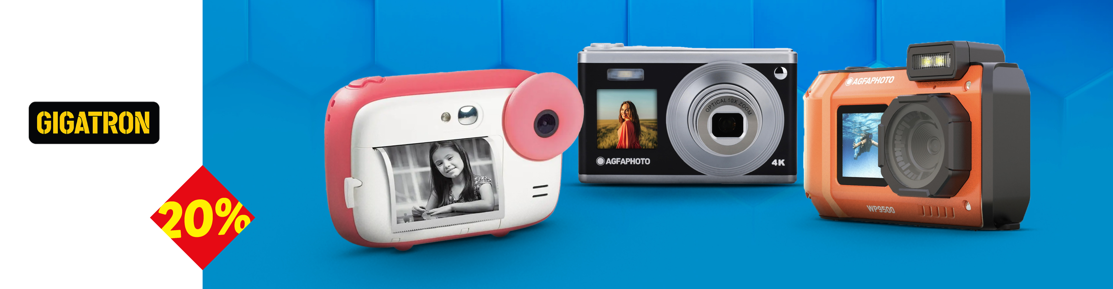 Tri AgfaPhoto kamere: roze instant kamera, crna digitalna kamera i narandžasta akciona kamera.
