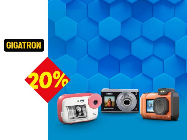 Reklama za Gigatron sa 20% popusta na tri različita fotoaparata.