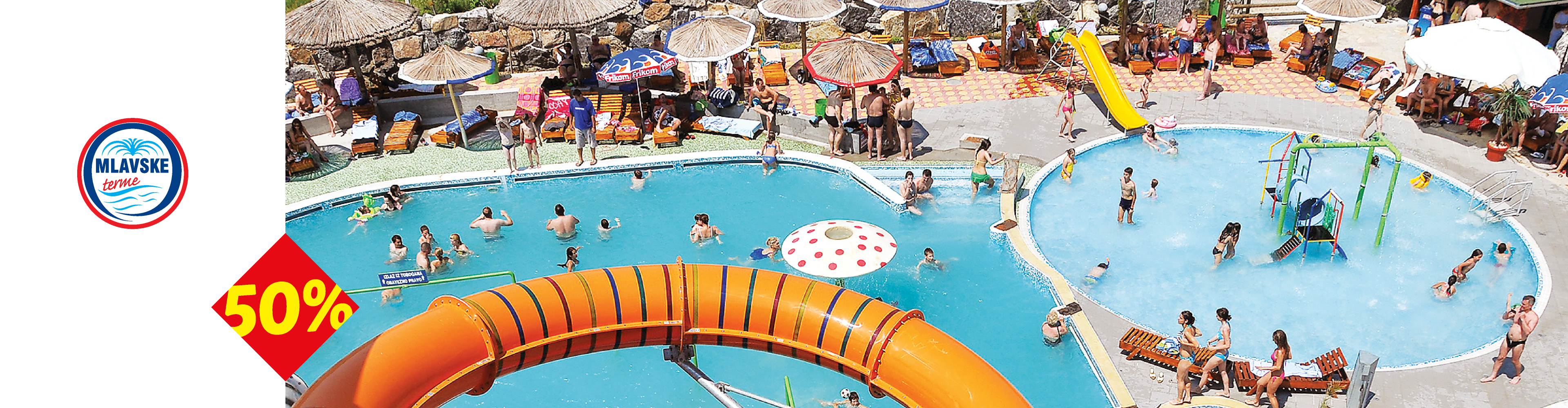 Akva park sa bazenima, toboganima i suncobranima, sa logom 'Mlavske terme' i natpisom '50%'.