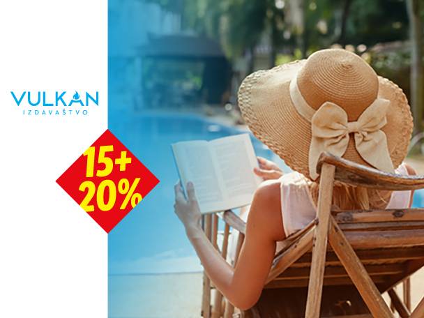 Žena čita knjigu pored bazena, sa logom Vulkan Izdavaštva i popustom od 15+20%.