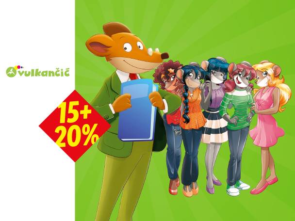 Ilustracija Geronima Stiltona i pet ženskih likova miša, sa logom „Vulkančić“ i oznakom „15+ 20%“.
